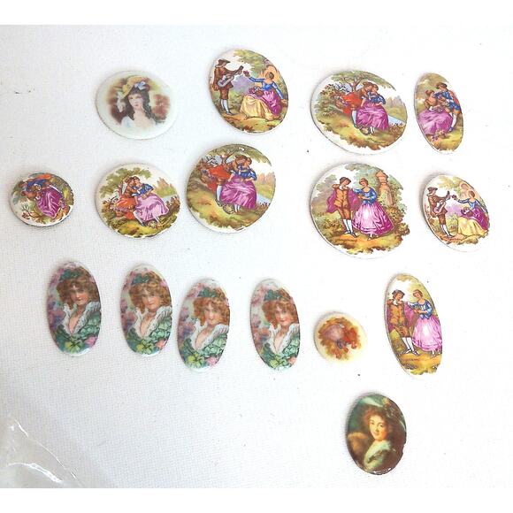 Vintage FragonardAntique  Ceramic Picture Buttons Pins Craft More Set of 16 READ - Picture 1 of 7